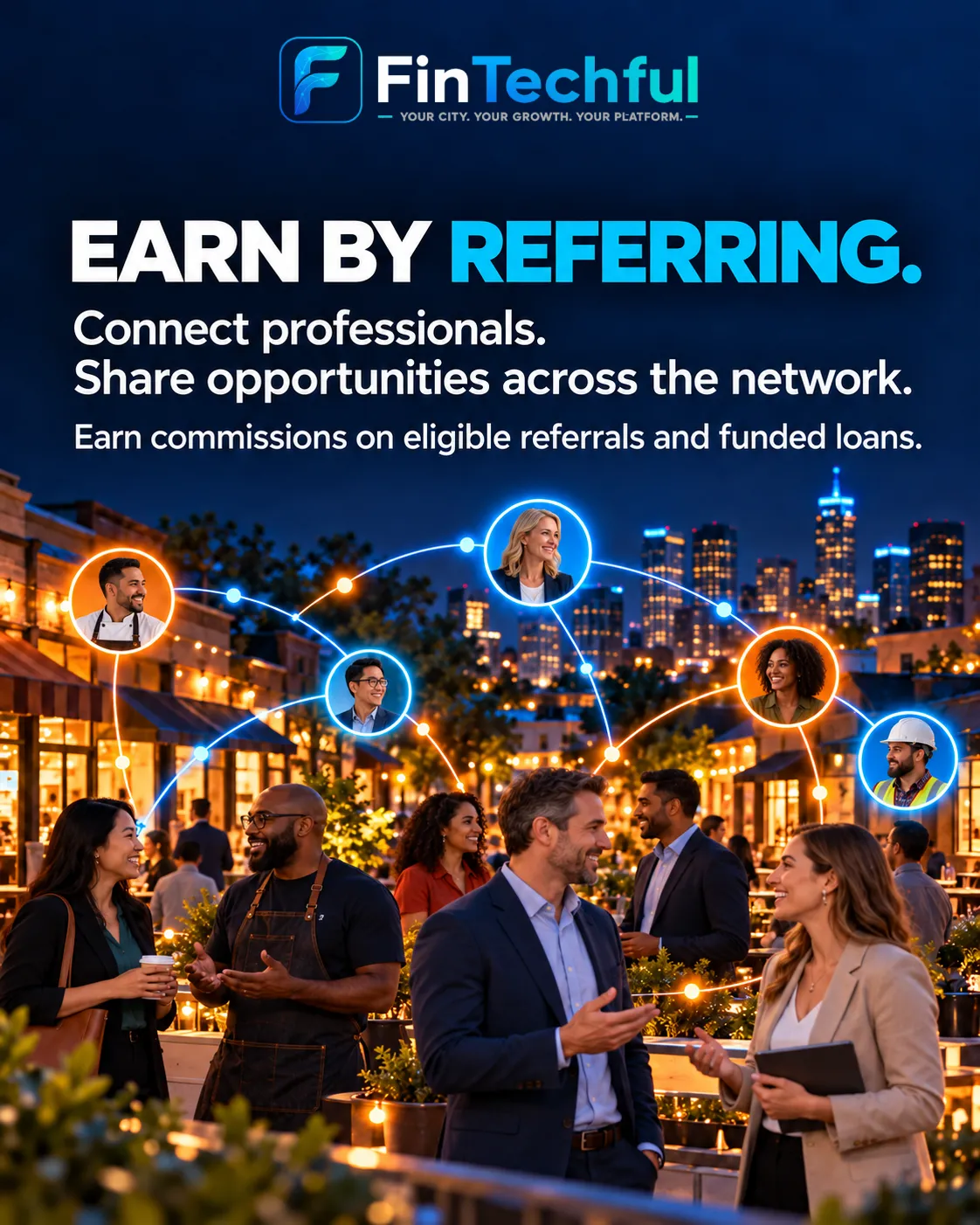Earn by referring. Connect professionals, share opportunities across the network, and earn commissions on eligible referrals and funded loans.
